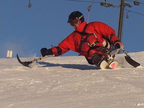 Fotografía de un esquiador en dual esquí