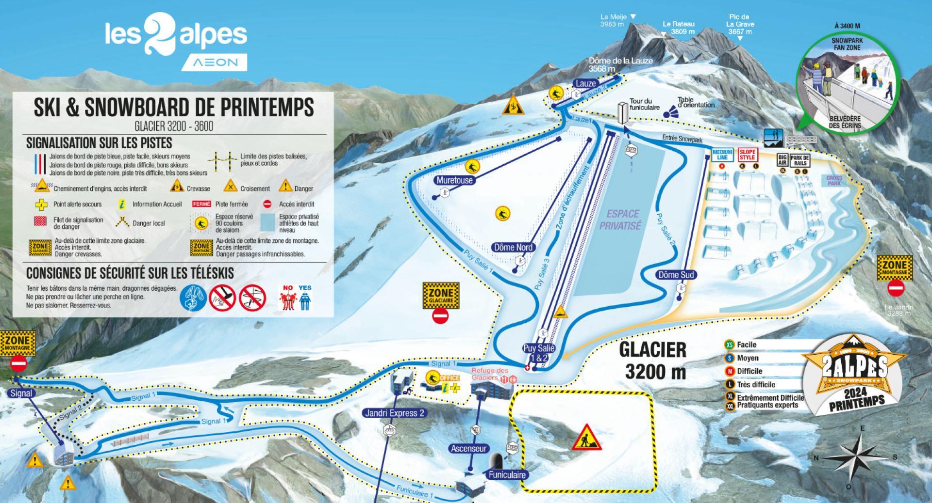 mapa de esquí de verano primavera de Les 2 Alpes