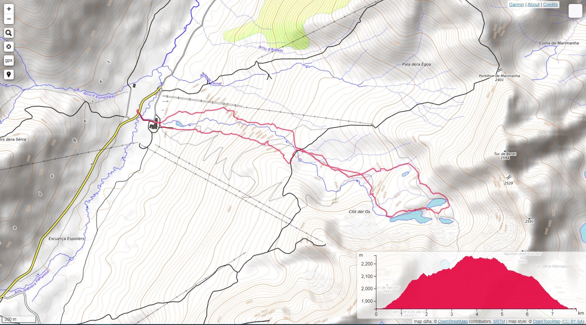 Mapa de la ascensión a los Lacs deth Clòt der Os