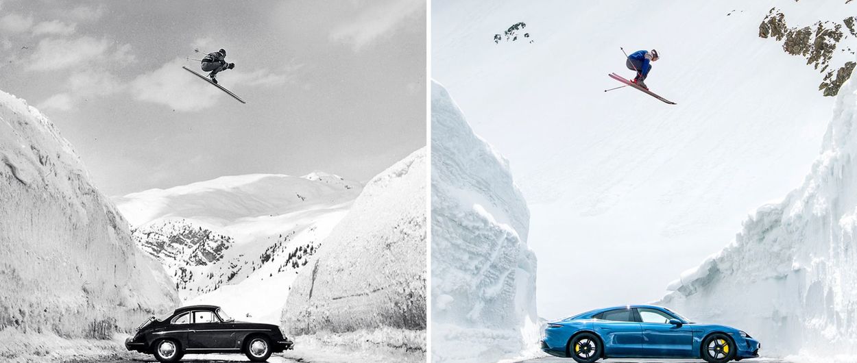 Porsche recrea la icónica imagen del salto de esquí 60 años después pero con un Taycan