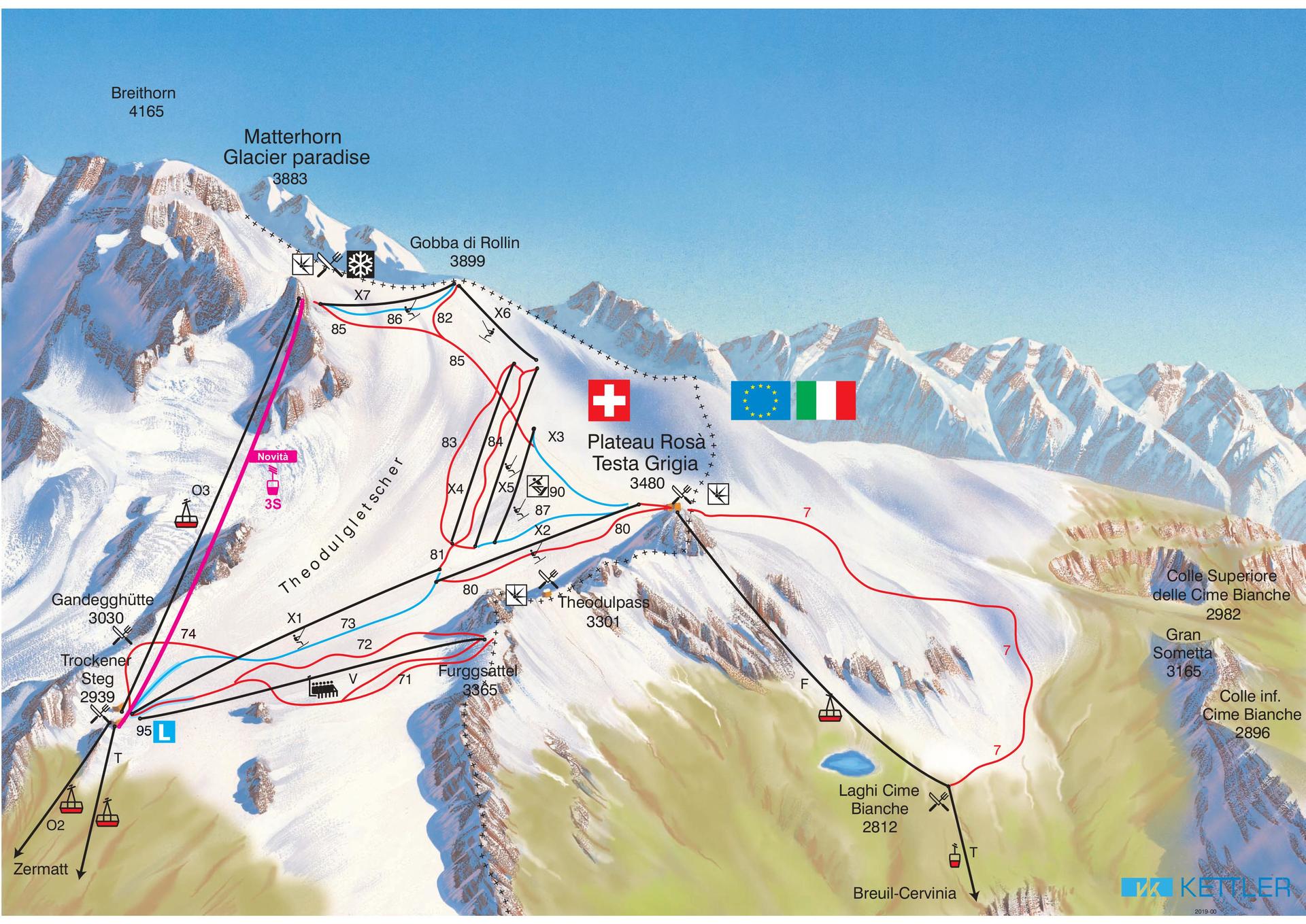 Plano pistas del Plateau Rosa Cervinia Zermatt