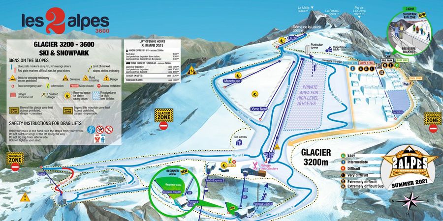 Plano de pistas de esquí de verano en Les 2 Alpes