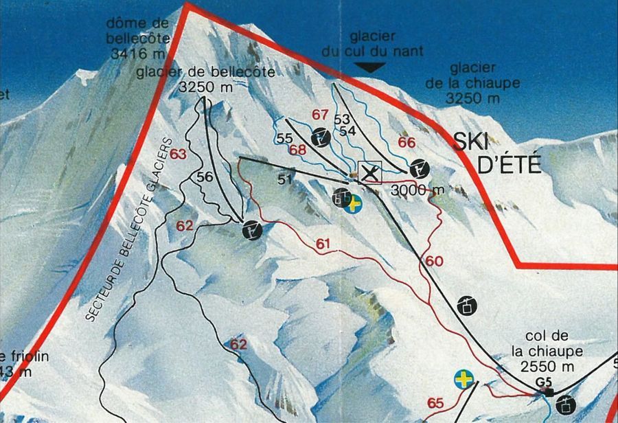 Antiguo mapa esquí de verano en La Plagne