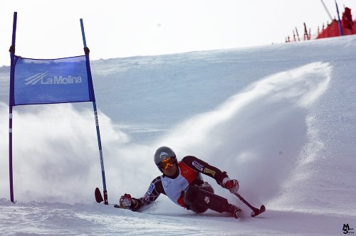 Fotografía de un esquiador en monoesquí en un descenso
