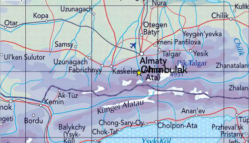 Plano de situacion de Almaty y Chimbulak